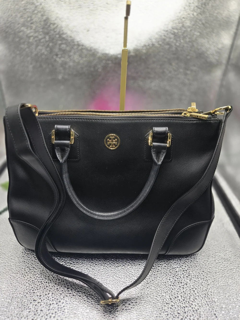 Authentic Tory Burch Robinson Black Saffiano Leather Dbl Zip Satchel Crossbody